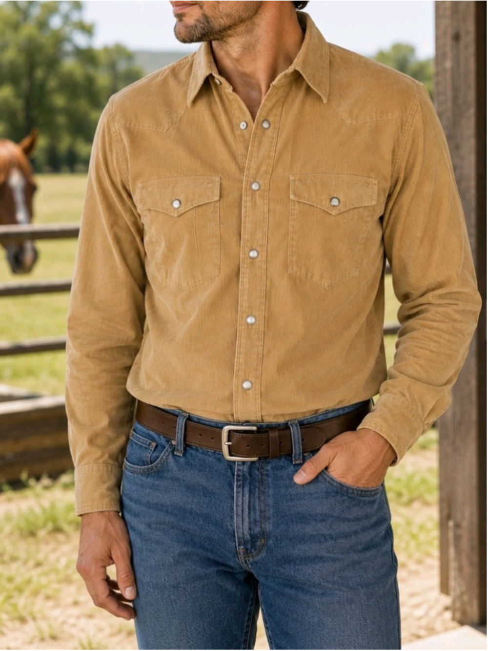 VTG Wrangler Corduroy Western Pearl Snap Shirt Tan USA Sz L 17.5 36 Extra Long